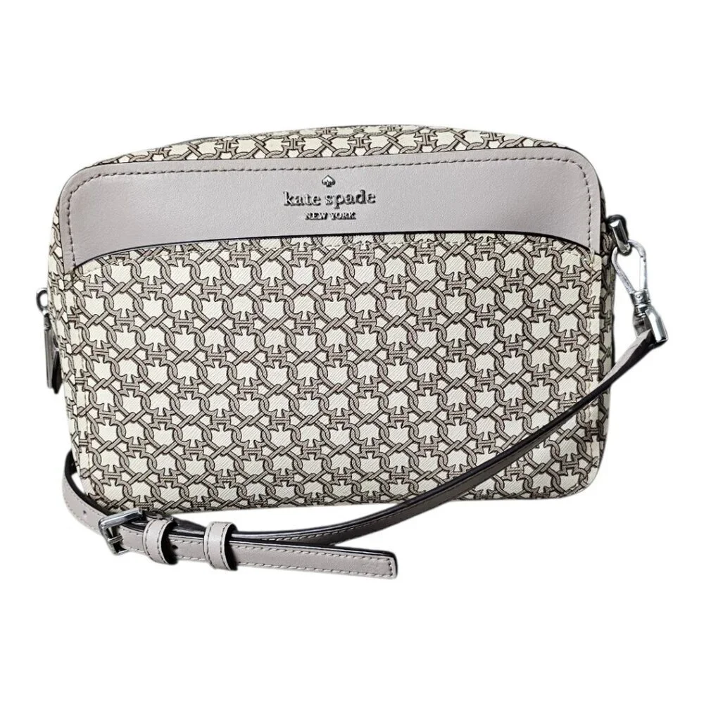 Kate Spade New York Spade Link Taupe And Cream Camera Crossbody Shoulder Bag COA